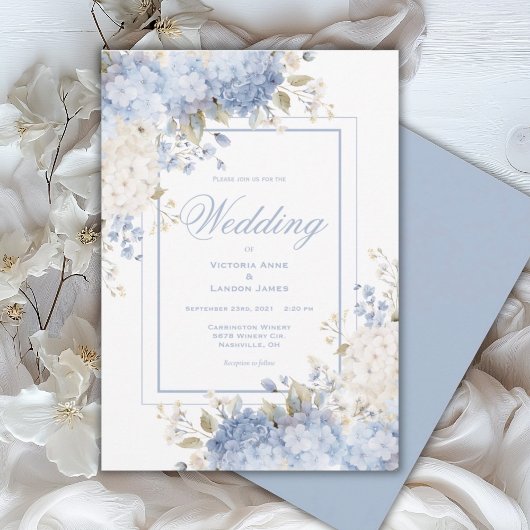 Elegant Blue & White Hydrangeas Wedding Invitation Kaart