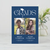 Elegant Blue & White Joint Graduation Party Photo Kaart (Staand voorkant)