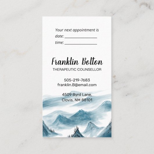 Elegant Blue & White Mountains Uitzicht Appointmen Visitekaartje (Achterkant)