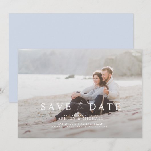 Elegant Blue White Overlay Photo Wedding Save The Date (Voorkant / Achterkant)