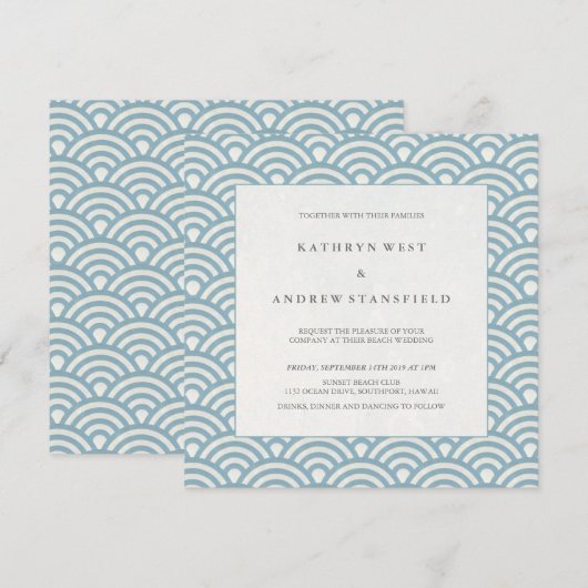Elegant Blue + White Patterned Wedding Invitation Kaart (Voorkant / Achterkant)