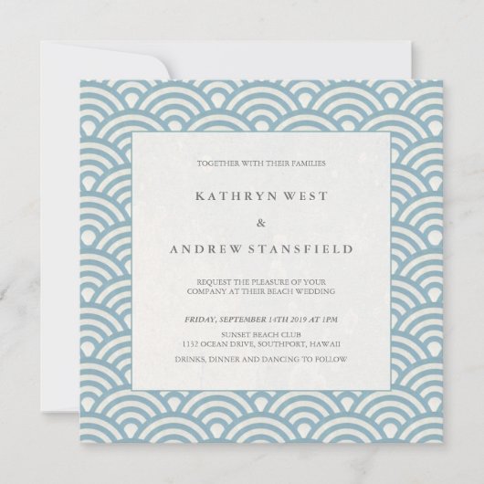 Elegant Blue + White Patterned Wedding Invitation Kaart (Voorkant)