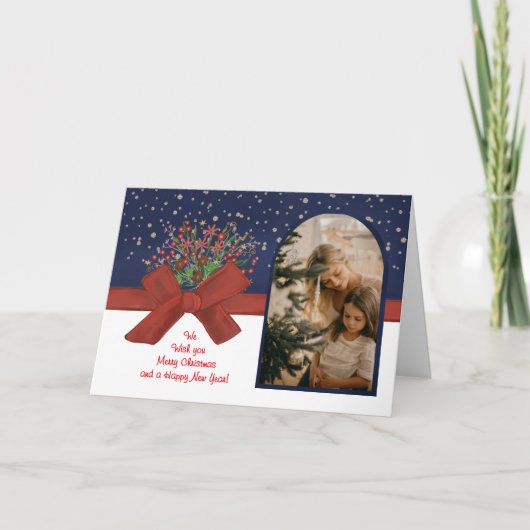 Elegant Blue & White Photo Arch  Christmas Bow Feestdagen Kaart (Voorkant)