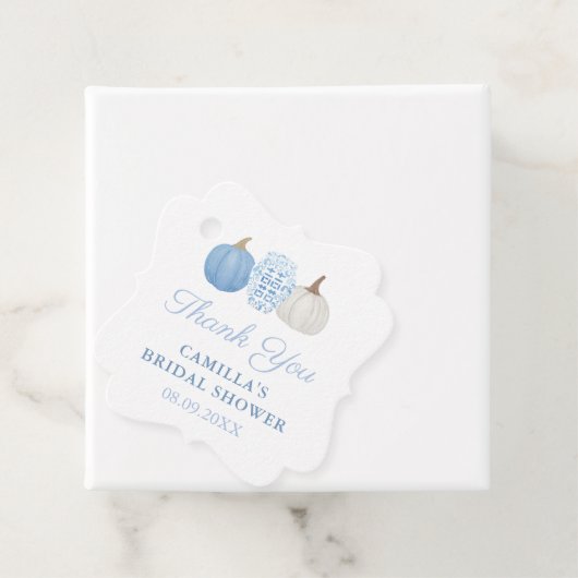 Elegant Blue & White Pumpkins Autumn Vrijgezellenf Bedankjes Labels (In situ)