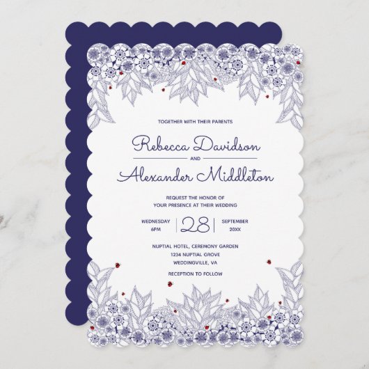 Elegant Blue White Scalloped Wedding Kaart (Voorkant / Achterkant)