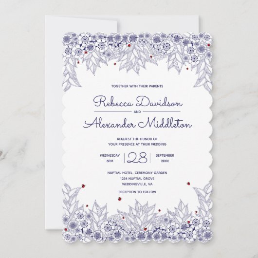 Elegant Blue White Scalloped Wedding Kaart (Voorkant)