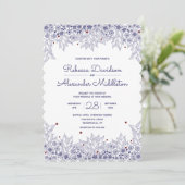 Elegant Blue White Scalloped Wedding Kaart (Staand voorkant)