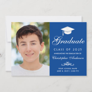 Elegant Blue White Script Pet Foto Afstuderen Aankondiging
