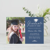 Elegant Blue White Script Pet Foto Afstuderen Aankondiging (Staand voorkant)