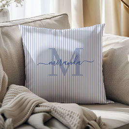 Elegant Blue & White Stripes Monogram Name Kussen