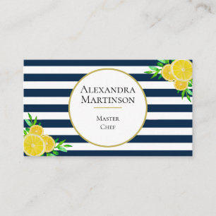 Elegant Blue White Stripes Waterverf Lemons Chef Visitekaartje