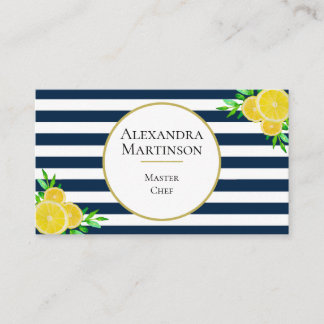 Elegant Blue White Stripes Waterverf Lemons Chef Visitekaartje