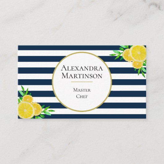 Elegant Blue White Stripes Waterverf Lemons Chef Visitekaartje (Voorkant)