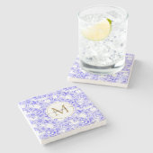 Elegant Blue White Waterverf Floral Gold Monogram Stenen Onderzetter (Zijkant)