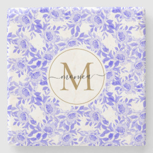 Elegant Blue White Waterverf Floral Gold Monogram Stenen Onderzetter