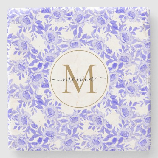 Elegant Blue White Waterverf Floral Gold Monogram Stenen Onderzetter (Voorkant)