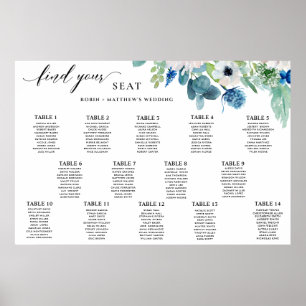 Elegant Blue White Waterverf Floral Seating Chart Poster
