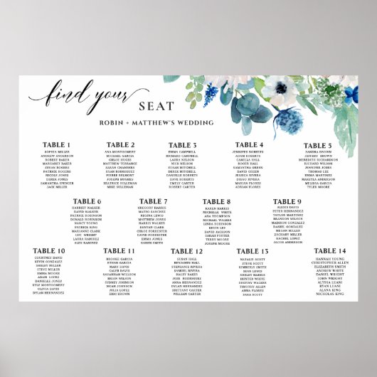 Elegant Blue White Waterverf Floral Seating Chart Poster (Voorkant)