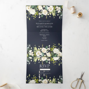 Elegant Blue & White Waterverf Floral Wedding Drieluik Uitnodiging