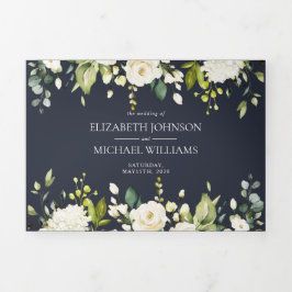 Elegant Blue & White Waterverf Floral Wedding Drieluik Uitnodiging