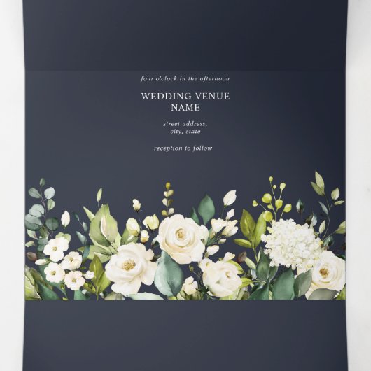 Elegant Blue & White Waterverf Floral Wedding Drieluik Uitnodiging (Binnenkant midden)
