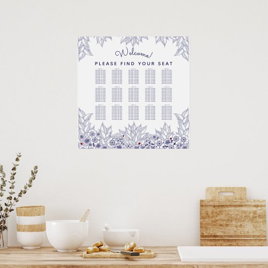 Elegant Blue White Wedding Seating Chart Poster (Keuken)