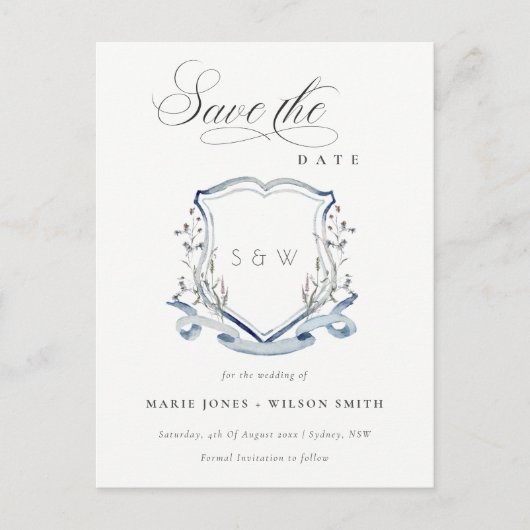 Elegant Blue Wilde Waterverf Monogram Crest Aankondigingskaart (Voorkant)