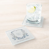 Elegant Blue Wilde Waterverf Monogram Crest Glazen Onderzetter (Schuin)