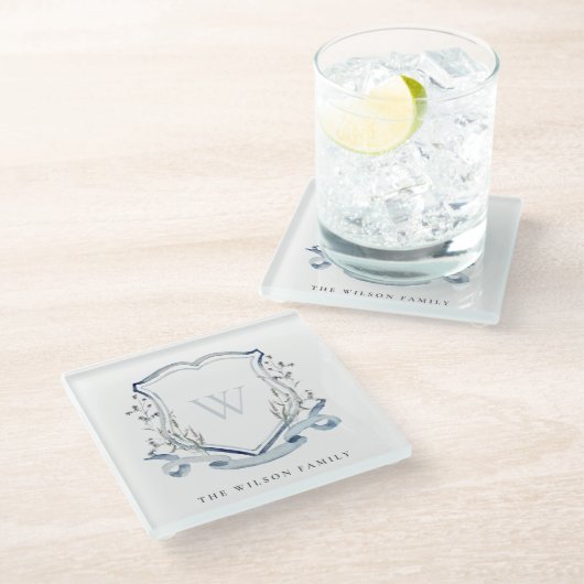 Elegant Blue Wilde Waterverf Monogram Crest Glazen Onderzetter (Schuin)