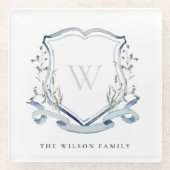 Elegant Blue Wilde Waterverf Monogram Crest Glazen Onderzetter (Voorkant)