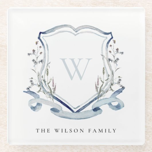 Elegant Blue Wilde Waterverf Monogram Crest Glazen Onderzetter (Voorkant)