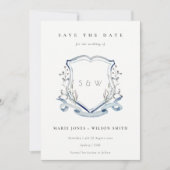 Elegant Blue Wilde Waterverf Monogram Crest Save The Date (Voorkant)