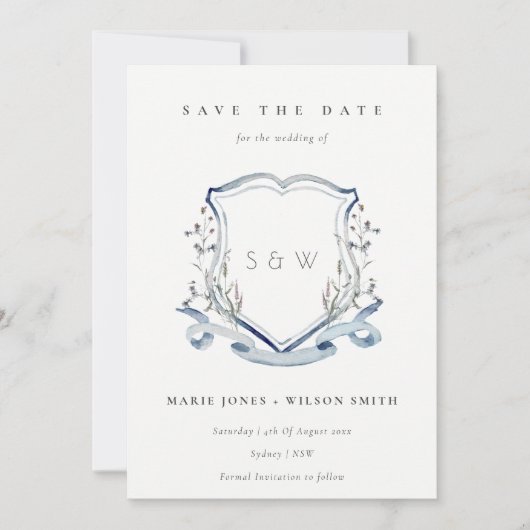Elegant Blue Wilde Waterverf Monogram Crest Save The Date (Voorkant)