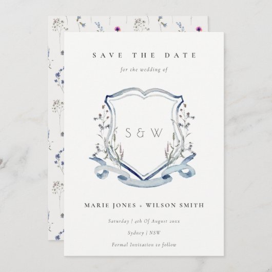 Elegant Blue Wilde Waterverf Monogram Crest Save The Date (Voorkant / Achterkant)