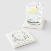 Elegant Blue Wilde Waterverf Monogram Crest Stenen Onderzetter (Zijkant)