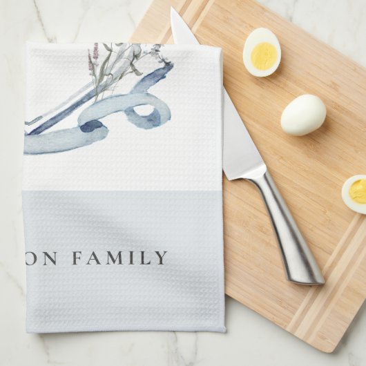 Elegant Blue Wilde Waterverf Monogram Crest Theedoek (Quarter Fold)