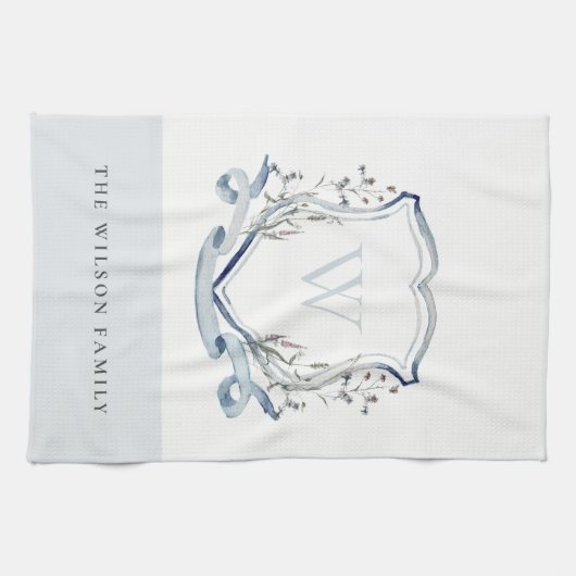 Elegant Blue Wilde Waterverf Monogram Crest Theedoek (Horizontaal)