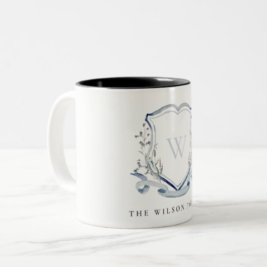 Elegant Blue Wilde Waterverf Monogram Crest Tweekleurige Koffiemok (Voorkant links)