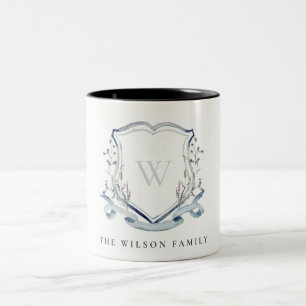 Elegant Blue Wilde Waterverf Monogram Crest Tweekleurige Koffiemok