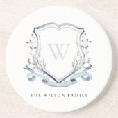 Elegant Blue Wilde Waterverf Monogram Crest Zandsteen Onderzetter (Voorkant)