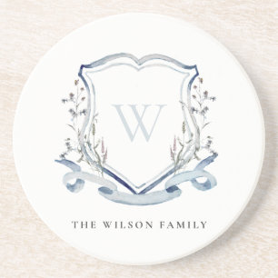 Elegant Blue Wilde Waterverf Monogram Crest Zandsteen Onderzetter
