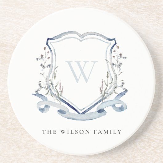 Elegant Blue Wilde Waterverf Monogram Crest Zandsteen Onderzetter (Voorkant)