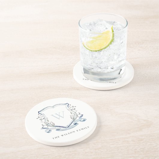 Elegant Blue Wilde Waterverf Monogram Crest Zandsteen Onderzetter (Zijkant)