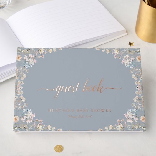Elegant Blue Wildflower Baby Shower Rose Gold Gastenboek