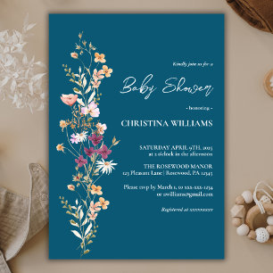 Elegant Blue Wildflower Boho Baby shower Kaart