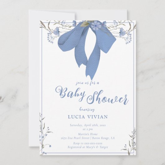 Elegant Blue Wildflower Coquette Bow Baby shower Kaart (Voorkant)