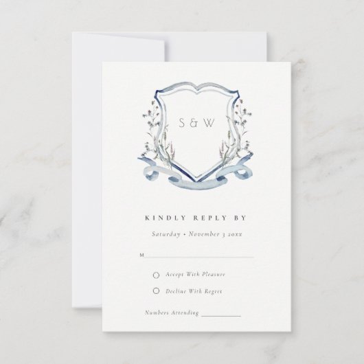 Elegant Blue Wildflower Crest Wedding Details RSVP Kaartje (Voorkant)