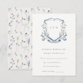 Elegant Blue Wildflower Crest Wedding Details RSVP Kaartje (Voorkant / Achterkant)