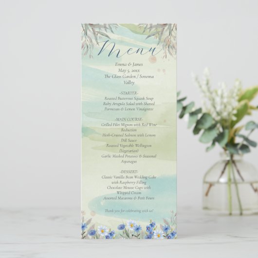 Elegant Blue Wildflower Frame Wedding Menu Card (Staand voorkant)