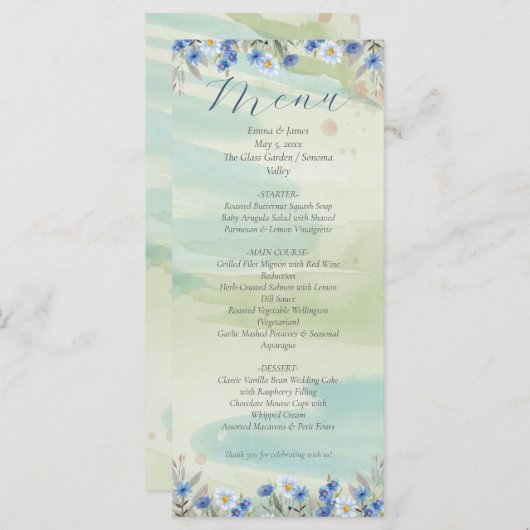 Elegant Blue Wildflower Frame Wedding Menu Card (Voorkant / Achterkant)